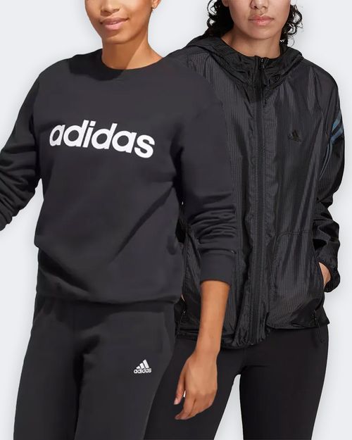 Kit Blusa de Moletom Feminina Adidas Essentials Linear + Jaqueta Feminina Adidas Corta Vento Run Icons 3 Listras com Capuz