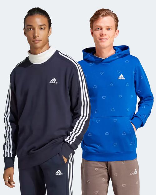 Kit Blusa de Moletom Masculina Adidas Essentials 3 Stripes + Moletom Masculino Adidas Capuz Estampado Sazonal Monogramas Essentials