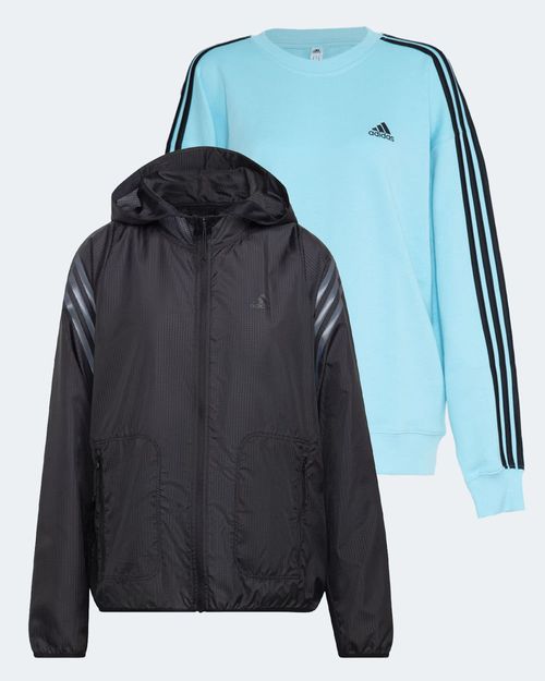 Kit Blusa de Moletom Feminina Adidas Essentials 3-Stripes + Jaqueta Feminina Adidas Corta Vento Run Icons 3 Listras com Capuz